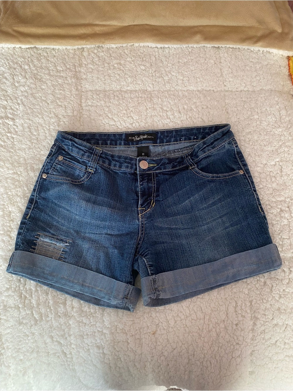Dark Blue Rolled-Hem Denim Shorts with Light Distress